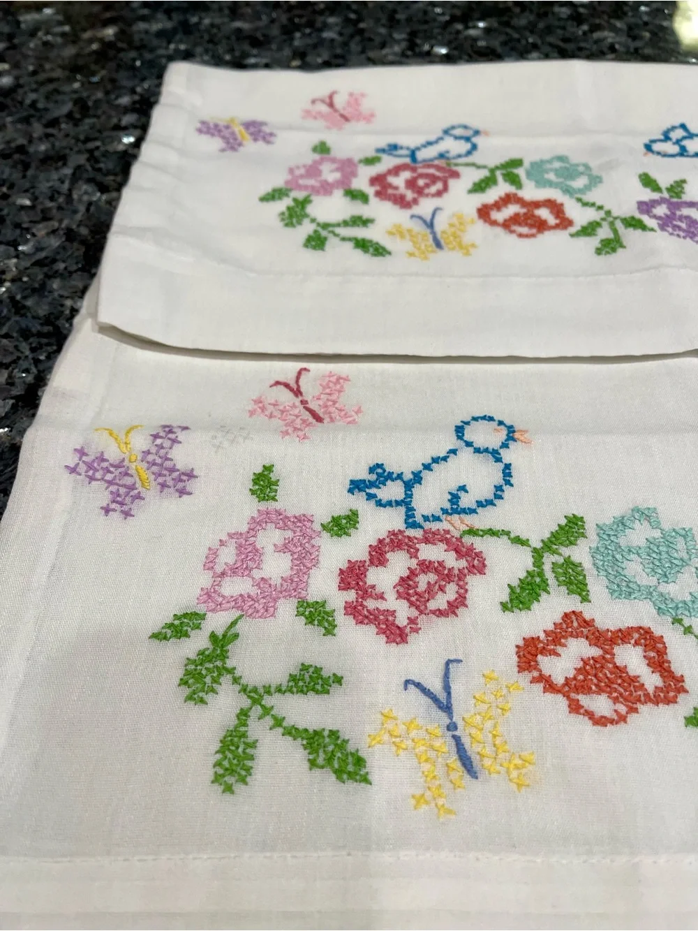 Handmade Needlepoint Floral Bluebird Butterfly Standard Pillowcase Pair